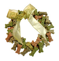Picture: Wreath made of dog biscuits with large gold bow.